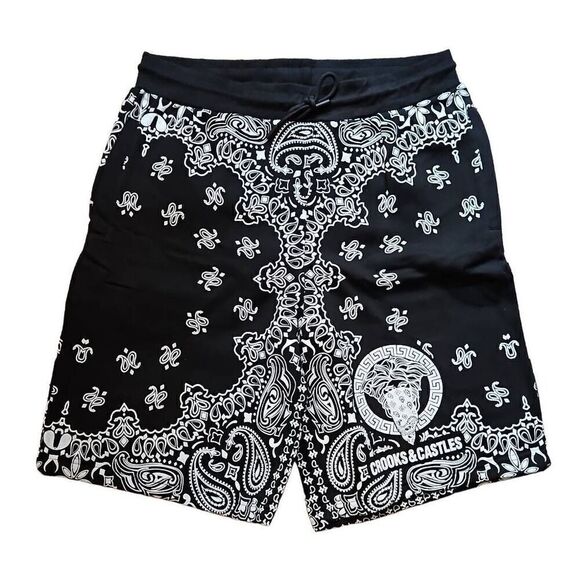 Crooks and Castles Men's Paisley Fleece Shorts Black White XLarge - Picture 1 of 7
